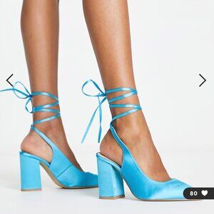 London Rebel wide fit pointed tie leg stiletto heeled shoes in blue satin